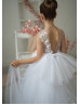 Beaded White Lace Tulle Sheer Back Flower Girl Dress